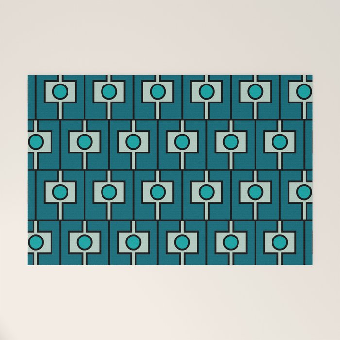 Mid Century Modern Rektangel Geometric Pattern in Teal Blue and Turquoise Welcome Mat Gallery Image 1