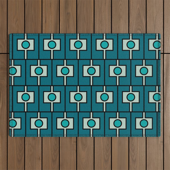 Mid Century Modern Rektangel Geometric Pattern in Teal Blue and Turquoise Outdoor Rug Gallery Image 1