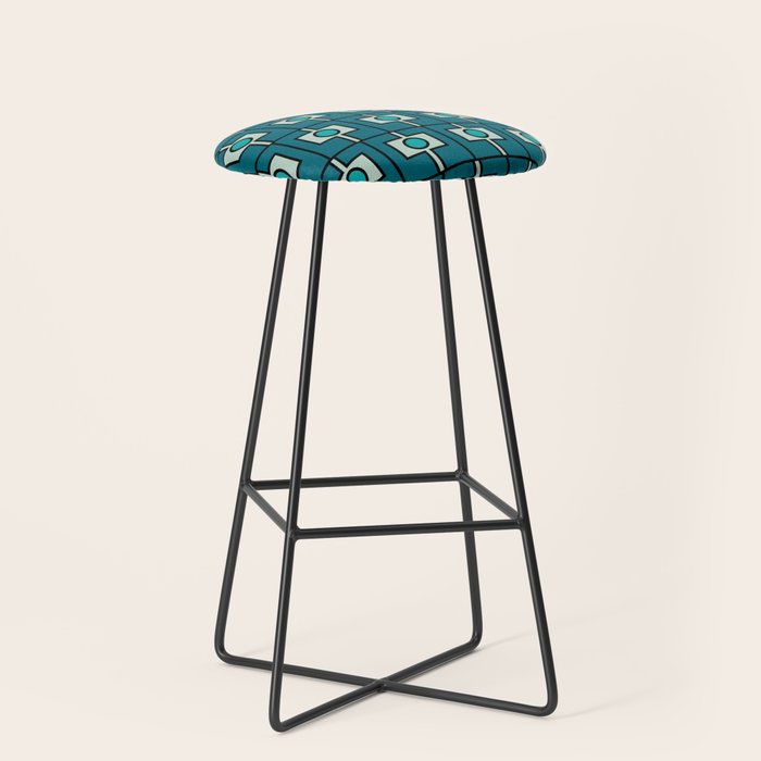 Mid Century Modern Rektangel Geometric Pattern in Teal Blue and Turquoise Stool Gallery Image 1