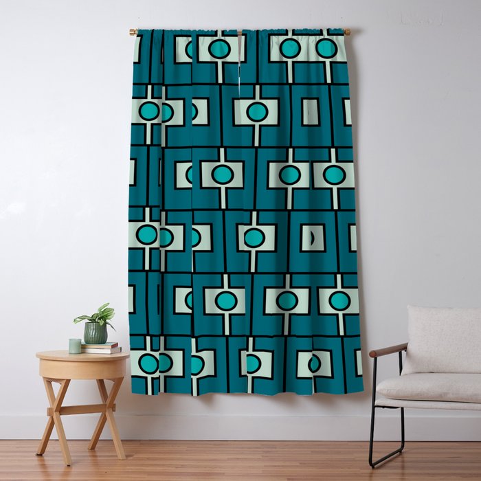 Mid Century Modern Rektangel Geometric Pattern in Teal Blue and Turquoise Window Curtain Gallery Image 5