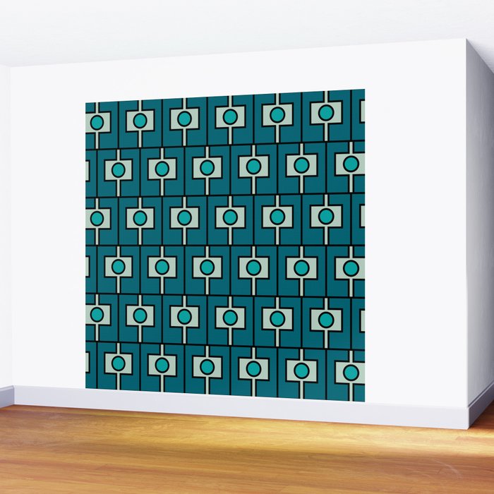 Mid Century Modern Rektangel Geometric Pattern in Teal Blue and Turquoise Wall Mural Gallery Image 2