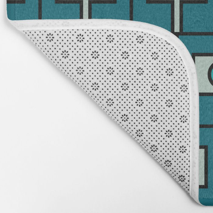 Mid Century Modern Rektangel Geometric Pattern in Teal Blue and Turquoise Bath Mat Gallery Image 2