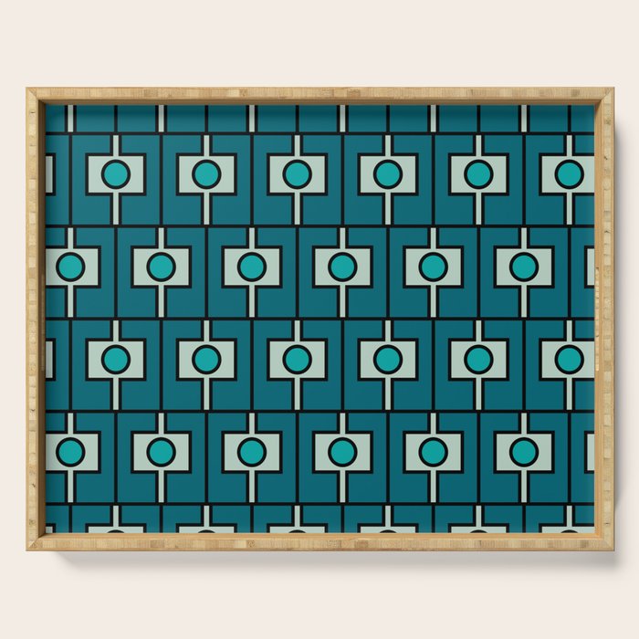 Mid Century Modern Rektangel Geometric Pattern in Teal Blue and Turquoise Serving Tray Gallery Image 1