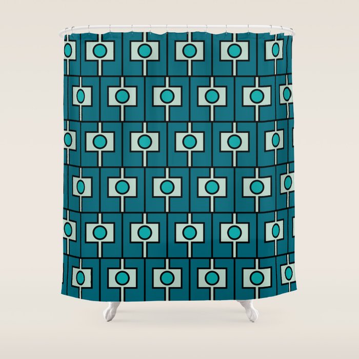 Mid Century Modern Rektangel Geometric Pattern in Teal Blue and Turquoise Shower Curtain Gallery Image 1
