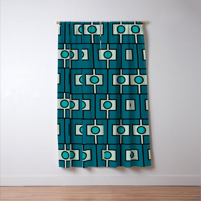 Mid Century Modern Rektangel Geometric Pattern in Teal Blue and Turquoise Window Curtain Gallery Image 3