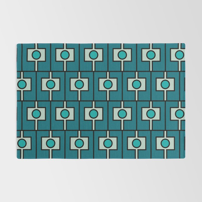 Mid Century Modern Rektangel Geometric Pattern in Teal Blue and Turquoise Rug Gallery Image 2