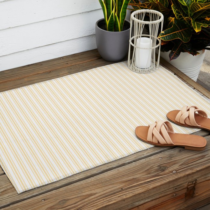 Classic Small Buttercup Yellow Pastel Butter French Mattress Ticking Double Stripes Outdoor Rug Gallery Image 2