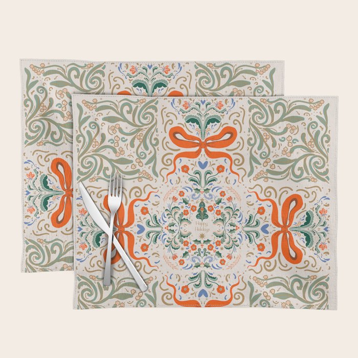 Whimsical Holiday Bows and Florals Pattern  Festive Folk Art Inspired Design Placemat Gallery Image 1