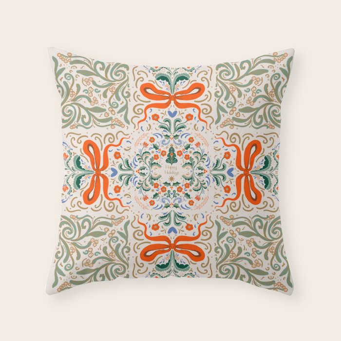 Whimsical Holiday Bows and Florals Pattern  Festive Folk Art Inspired Design Throw Pillow Gallery Image 6