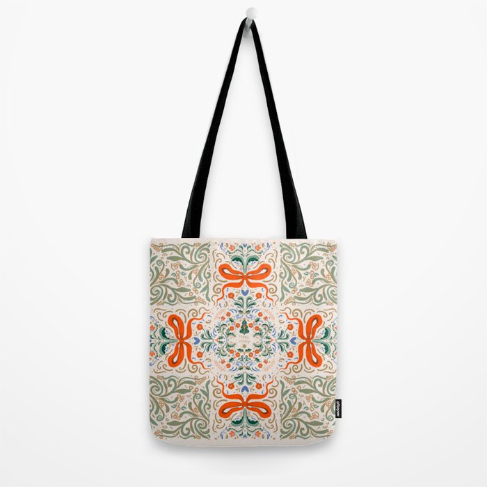 Whimsical Holiday Bows and Florals Pattern  Festive Folk Art Inspired Design Tote Bag Gallery Image 2