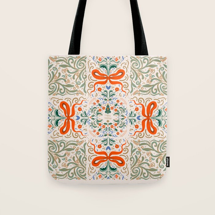 Whimsical Holiday Bows and Florals Pattern  Festive Folk Art Inspired Design Tote Bag Gallery Image 1
