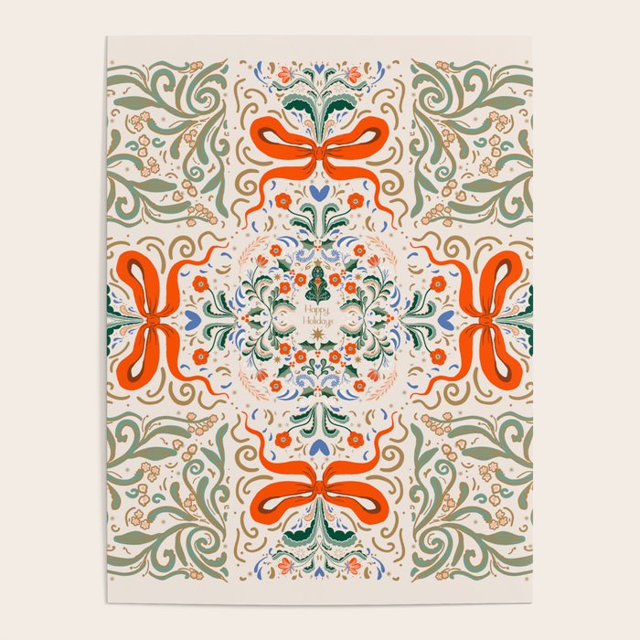 Whimsical Holiday Bows and Florals Pattern  Festive Folk Art Inspired Design Poster Gallery Image 1