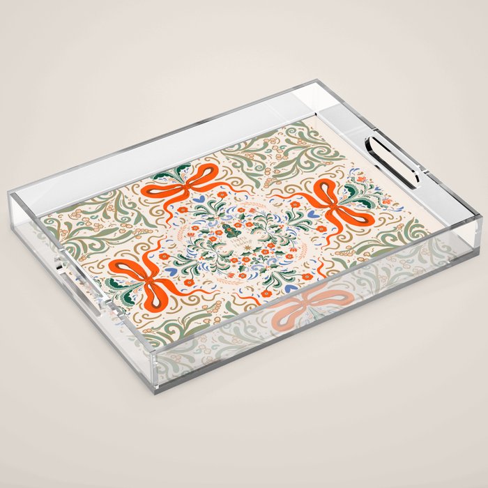 Whimsical Holiday Bows and Florals Pattern  Festive Folk Art Inspired Design Acrylic Tray Gallery Image 1