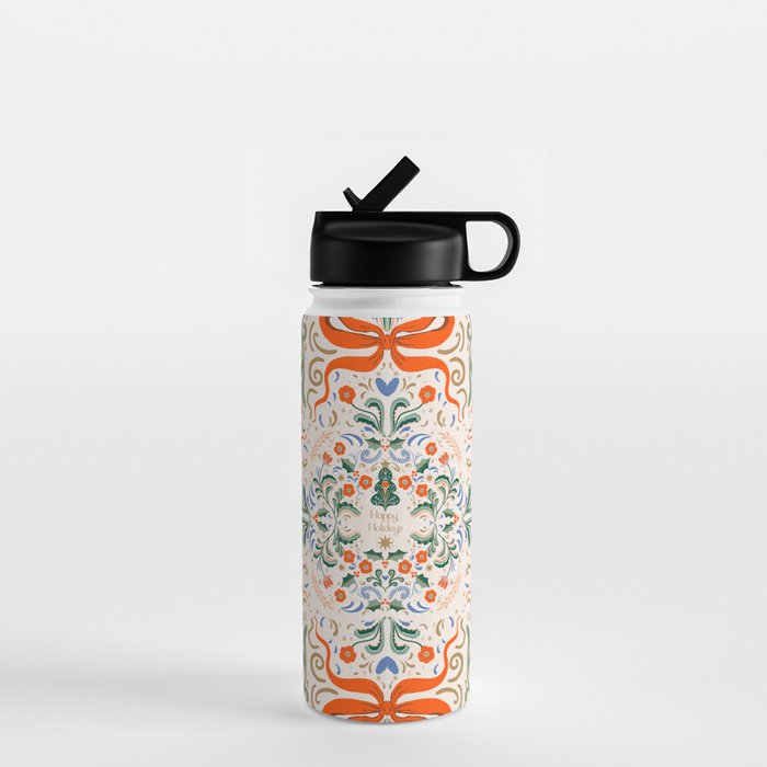 Whimsical Holiday Bows and Florals Pattern  Festive Folk Art Inspired Design Water Bottle Gallery Image 1