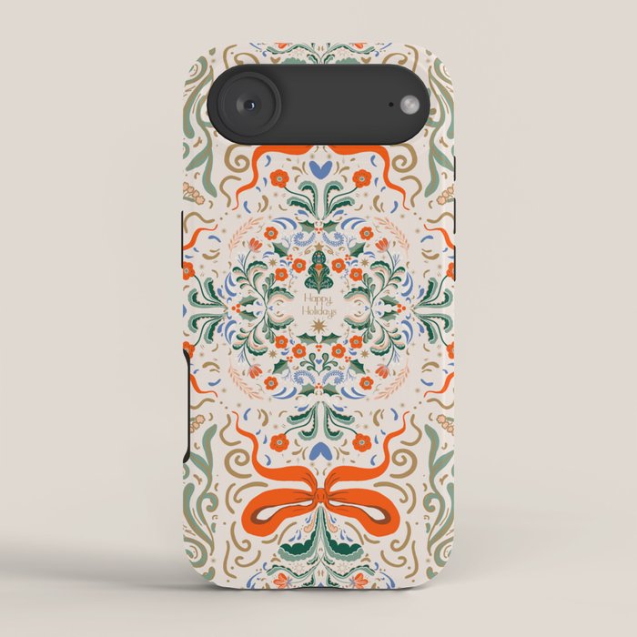 Whimsical Holiday Bows and Florals Pattern  Festive Folk Art Inspired Design iPhone Case Gallery Image 2