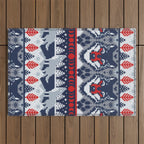 Fair isle knitting grey wolf // navy blue and grey wolves red moons and pine trees Outdoor Rug Gallery Image 1