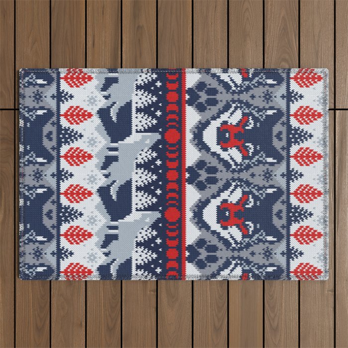 Fair isle knitting grey wolf // navy blue and grey wolves red moons and pine trees Outdoor Rug Gallery Image 1