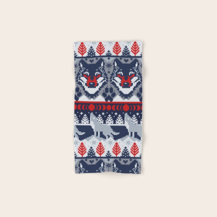 Fair isle knitting grey wolf // navy blue and grey wolves red moons and pine trees Bath Towel Gallery Image 1