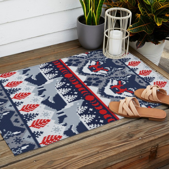 Fair isle knitting grey wolf // navy blue and grey wolves red moons and pine trees Outdoor Rug Gallery Image 2
