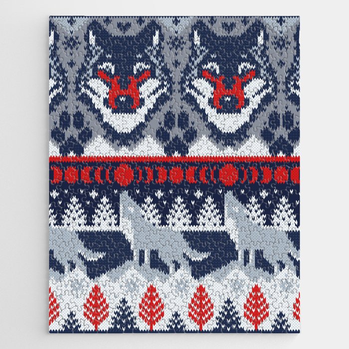 Fair isle knitting grey wolf // navy blue and grey wolves red moons and pine trees Jigsaw Puzzle Gallery Image 1