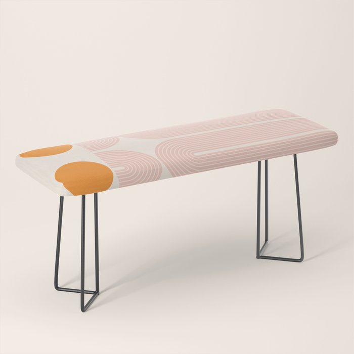 Mid Century Modern Geometric 43 in Coral Orange (Rainbow and Sun Abstraction) Bench Gallery Image 1
