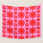 Preppy Pink and Red Scandi Floral Grid Retro Flower Pattern Wall Tapestry Gallery Image 4