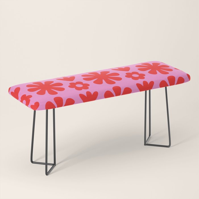 Preppy Pink and Red Scandi Floral Grid Retro Flower Pattern Bench Gallery Image 1