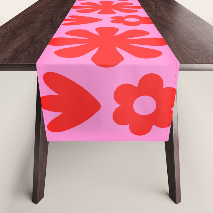 Preppy Pink and Red Scandi Floral Grid Retro Flower Pattern Table Runner Gallery Image 1