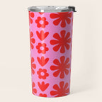 Preppy Pink and Red Scandi Floral Grid Retro Flower Pattern Travel Mug Gallery Image 2