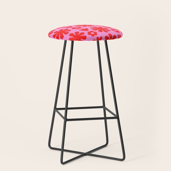 Preppy Pink and Red Scandi Floral Grid Retro Flower Pattern Stool Gallery Image 1