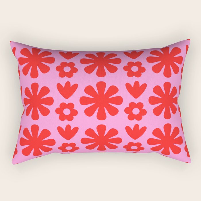 Preppy Pink and Red Scandi Floral Grid Retro Flower Pattern Rectangular Pillow Gallery Image 1