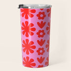 Preppy Pink and Red Scandi Floral Grid Retro Flower Pattern Travel Mug Gallery Image 3