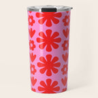 Preppy Pink and Red Scandi Floral Grid Retro Flower Pattern Travel Mug Gallery Image 1