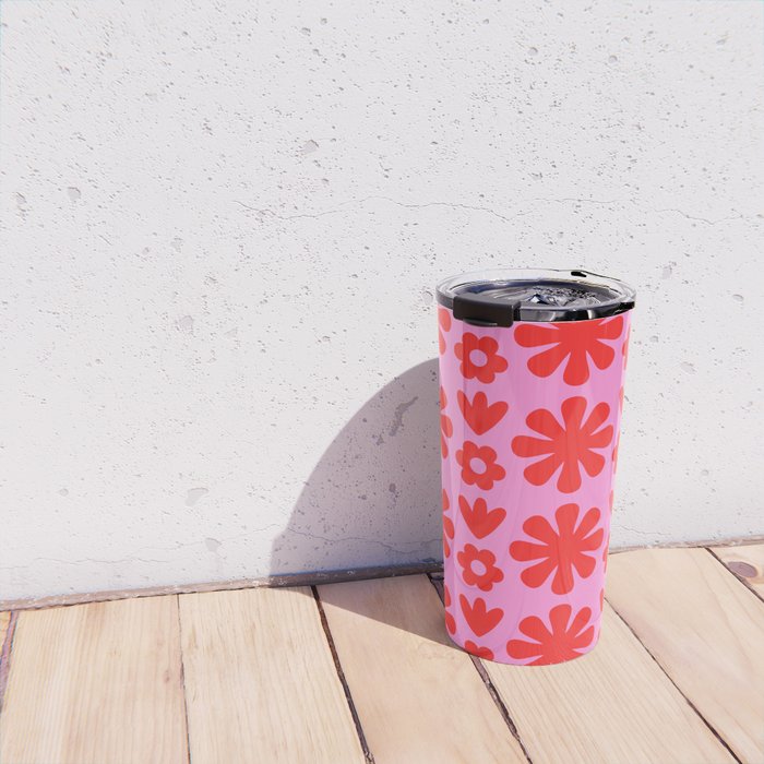 Preppy Pink and Red Scandi Floral Grid Retro Flower Pattern Travel Mug Gallery Image 4