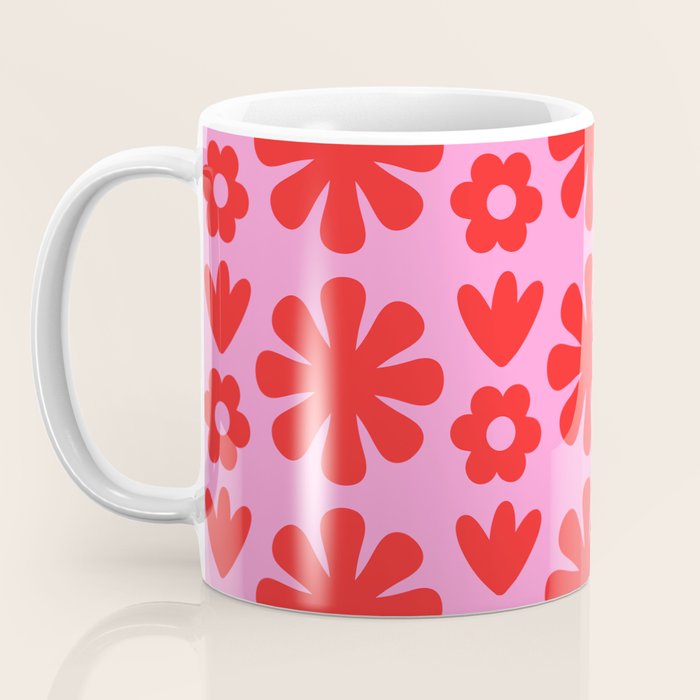 Preppy Pink and Red Scandi Floral Grid Retro Flower Pattern Coffee Mug Gallery Image 3
