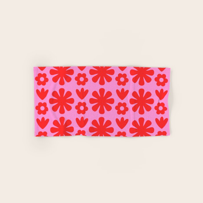 Preppy Pink and Red Scandi Floral Grid Retro Flower Pattern Bath Towel Gallery Image 1