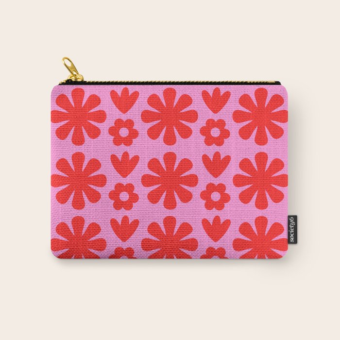 Preppy Pink and Red Scandi Floral Grid Retro Flower Pattern Carry All Pouch Gallery Image 1