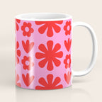 Preppy Pink and Red Scandi Floral Grid Retro Flower Pattern Coffee Mug Gallery Image 1