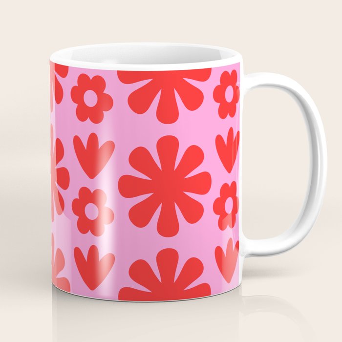 Preppy Pink and Red Scandi Floral Grid Retro Flower Pattern Coffee Mug Gallery Image 1