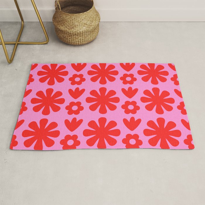 Preppy Pink and Red Scandi Floral Grid Retro Flower Pattern Rug Gallery Image 1