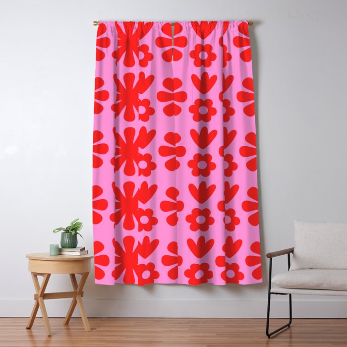 Preppy Pink and Red Scandi Floral Grid Retro Flower Pattern Window Curtain Gallery Image 5