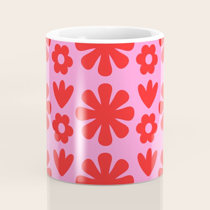 Preppy Pink and Red Scandi Floral Grid Retro Flower Pattern Coffee Mug Gallery Image 4