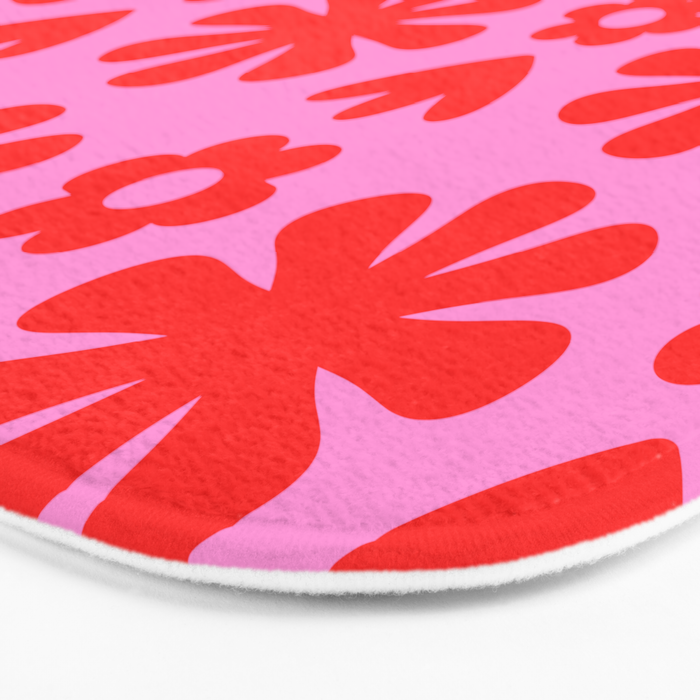 Preppy Pink and Red Scandi Floral Grid Retro Flower Pattern Bath Mat Gallery Image 3
