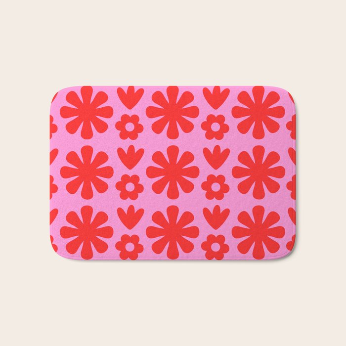 Preppy Pink and Red Scandi Floral Grid Retro Flower Pattern Bath Mat Gallery Image 1