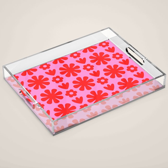 Preppy Pink and Red Scandi Floral Grid Retro Flower Pattern Acrylic Tray Gallery Image 1