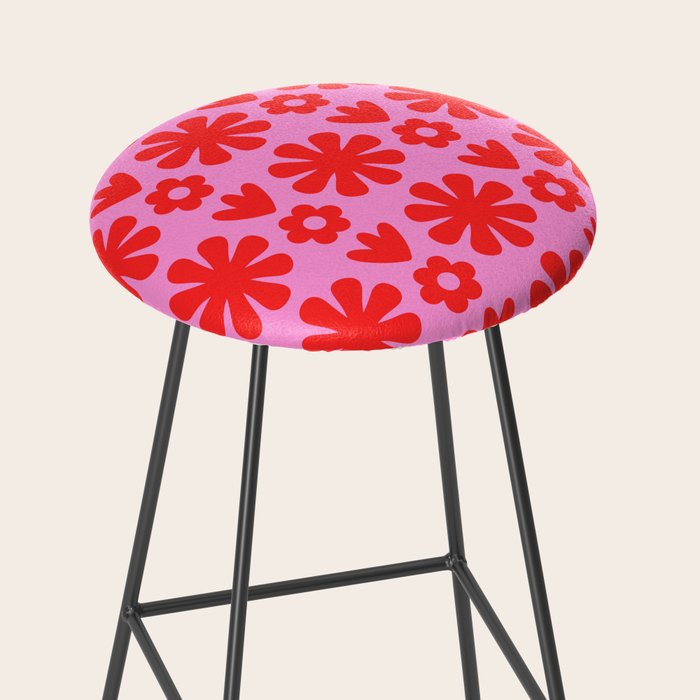 Preppy Pink and Red Scandi Floral Grid Retro Flower Pattern Stool Gallery Image 2