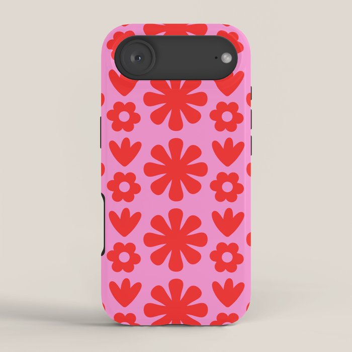 Preppy Pink and Red Scandi Floral Grid Retro Flower Pattern iPhone Case Gallery Image 2