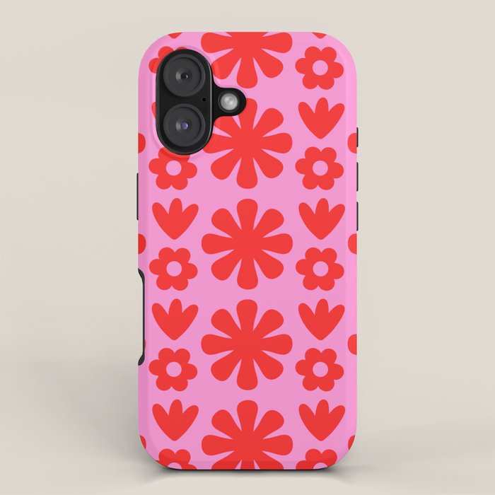 Preppy Pink and Red Scandi Floral Grid Retro Flower Pattern iPhone Case Gallery Image 1