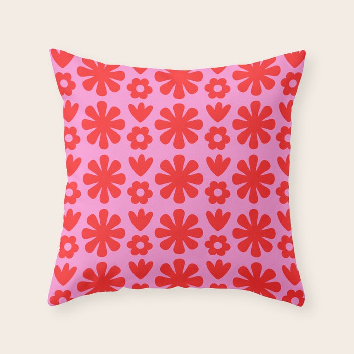 Preppy Pink and Red Scandi Floral Grid Retro Flower Pattern Throw Pillow Gallery Image 6