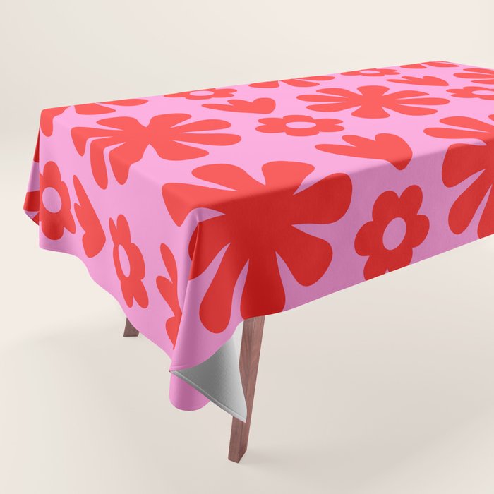 Preppy Pink and Red Scandi Floral Grid Retro Flower Pattern Tablecloth Gallery Image 1